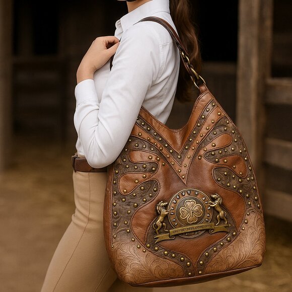 NWOT Charm & Luck Equestrian Style Brown Leather Brass Studded Purse Handbag - Picture 1 of 14